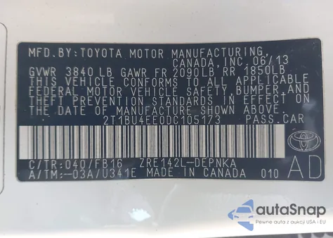 2013 Toyota Corolla Le from USA, damaged, VIN 2T1BU4EE0DC105173